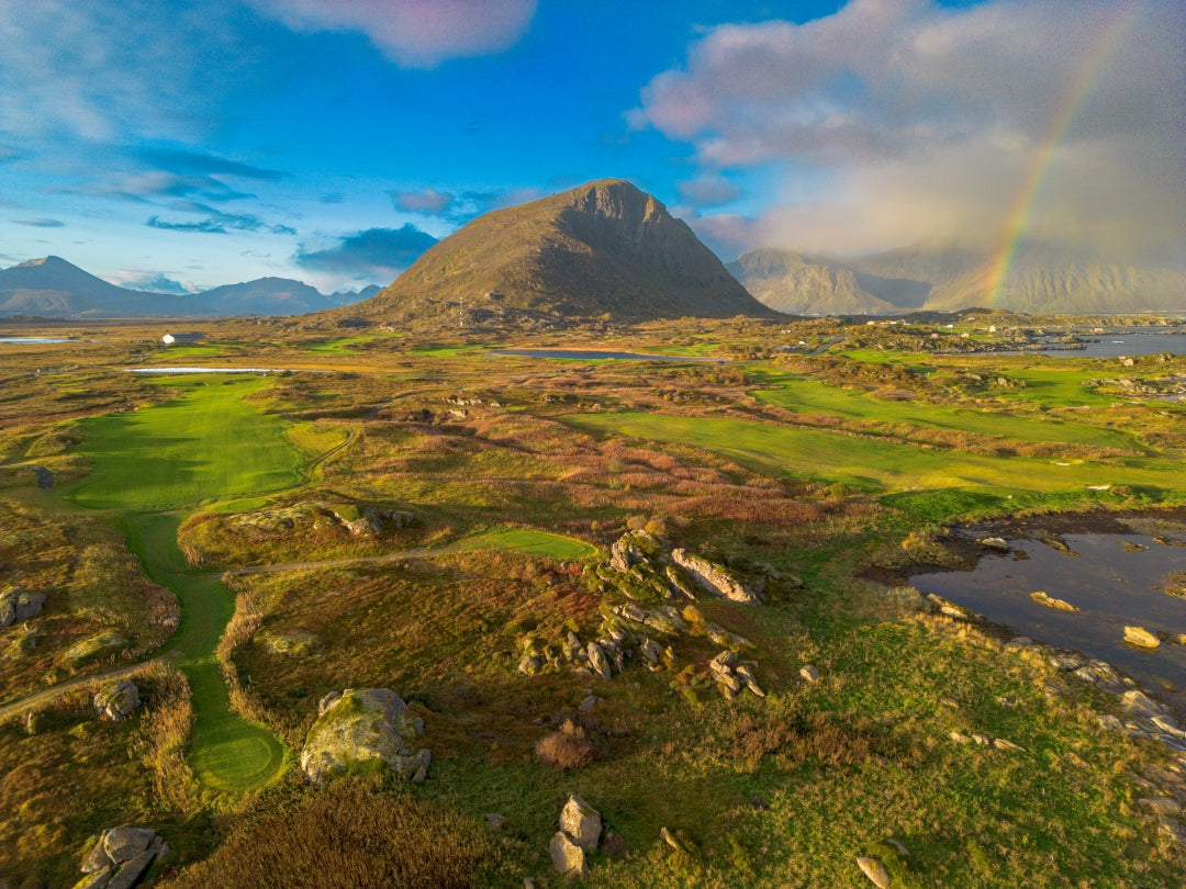 Rainbow over Lofoten Links golf course in Norway