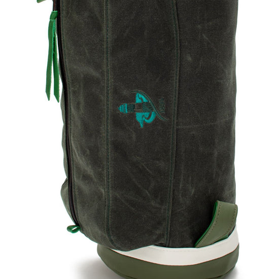 Close up of the embroidered logo on the County Sligo MacKenzie Walker golf bag