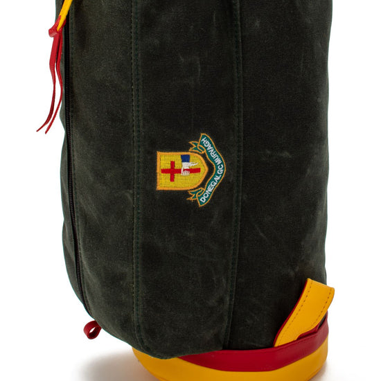 Detailed look at the embroidered logo on the Donegal Golf Club MacKenzie Walker golf bag