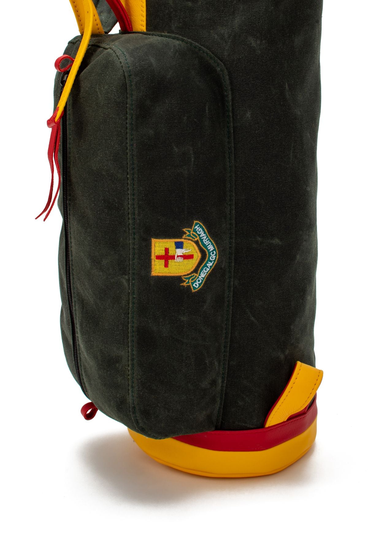 Detailed look at the embroidered logo on the Donegal Golf Club MacKenzie Walker golf bag