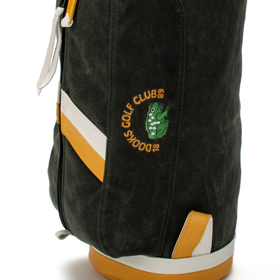 Close up of the embroidered logo on the Dooks Golf Club MacKenzie Walker golf bag