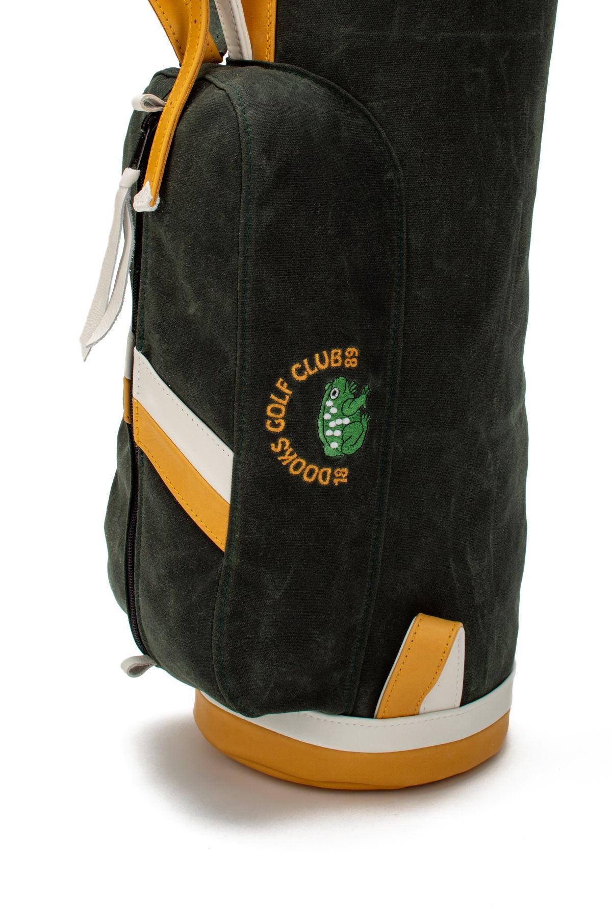 Close up of the embroidered logo on the Dooks Golf Club MacKenzie Walker golf bag